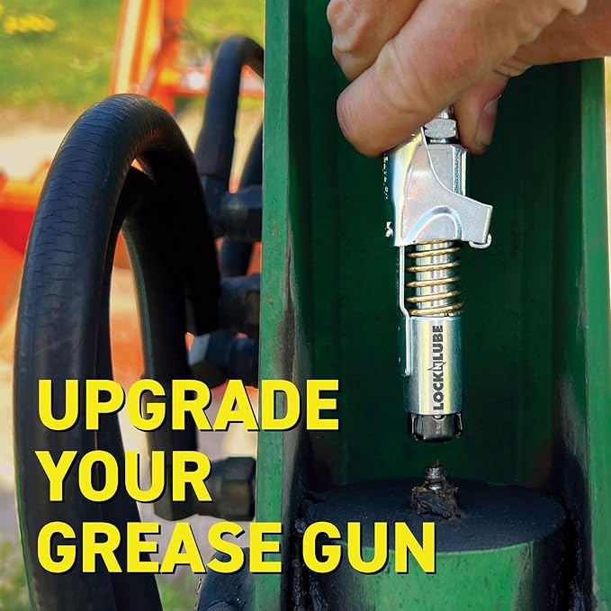 LockNLube Grease Gun Coupler locks onto Zerk fittings. Grease goes in, not on