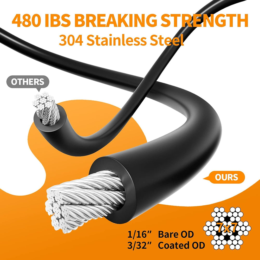String Light Hanging Kit,164 Ft Nylon Coated Stainless Steel 304 Wire Rope, S...