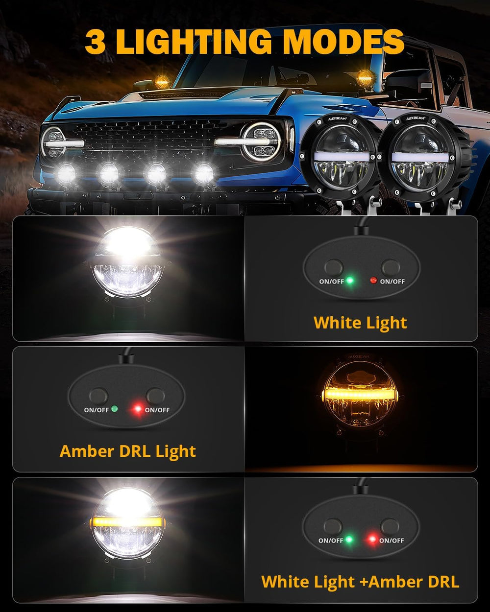 Auxbeam C4 Series 4 Inch 110W Round Light Offroad Pods with Amber DRL, Pair