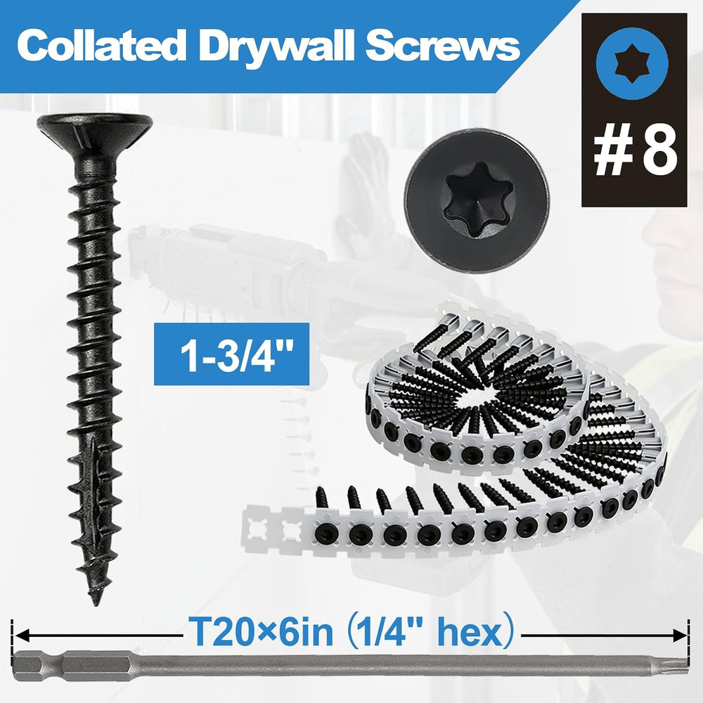#8x1-3/4 Collated Drywall Screws, 1000PCS Wood Screws with Torx Drive