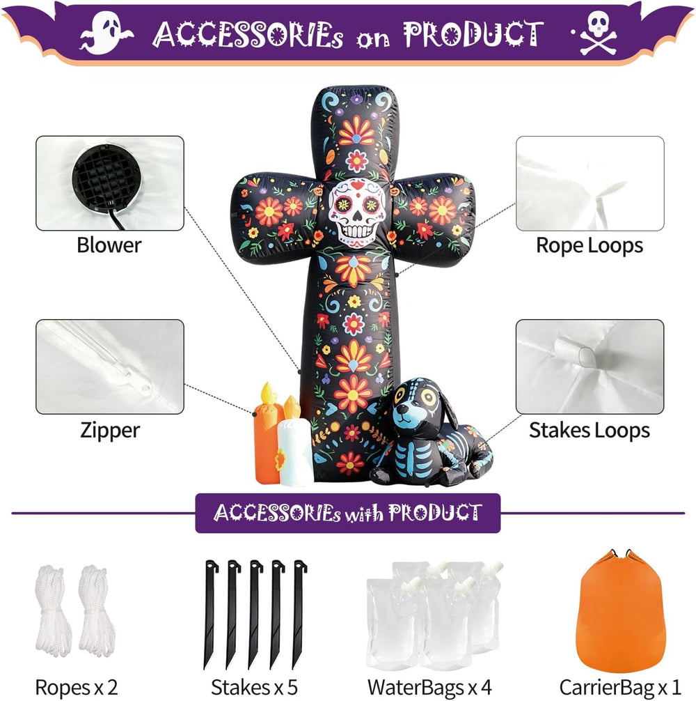DomKom 6 FT Halloween Inflatable Outdoor Decorations, Day of the Dead Cross B...