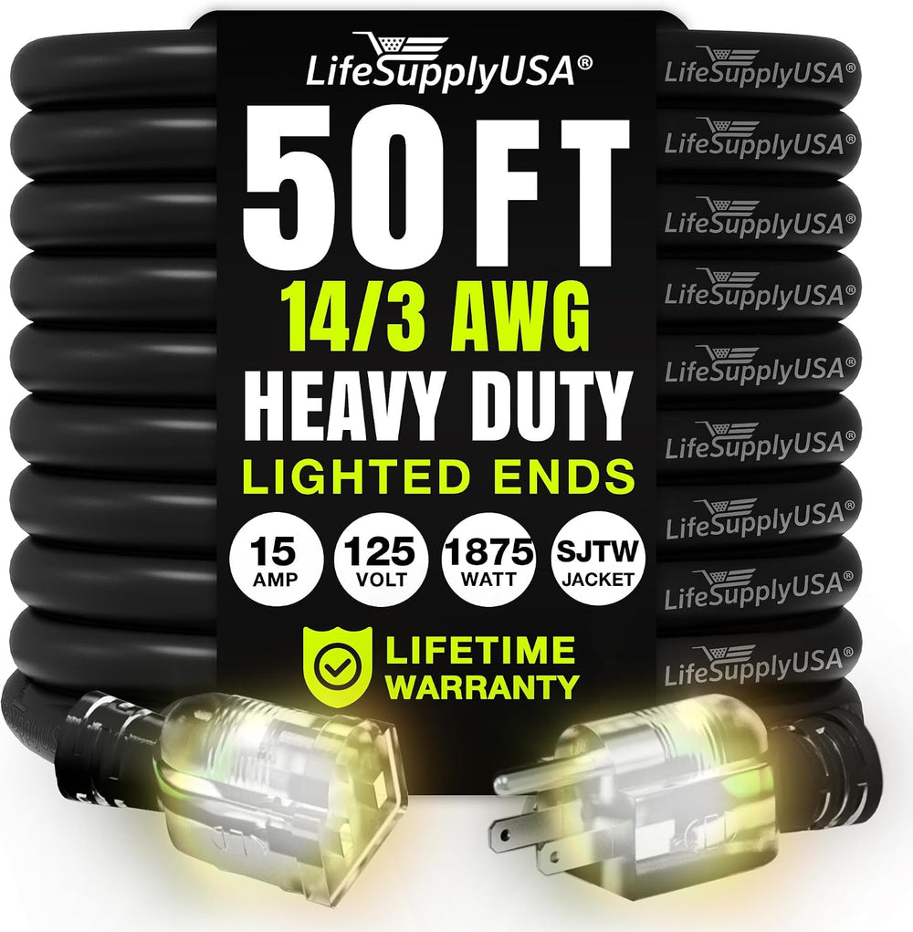 50ft Outdoor/Indoor Extension Cord 14/3 Gauge Heavy Duty 3 Prong SJTW,