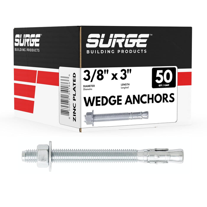 3/8" x 3" Zinc-Plated Wedge Anchors for Concrete & Cement (Box of 50)