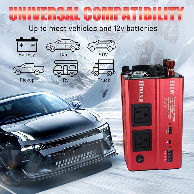 HITRENDS 600W Car Inverter, 12V DC to 110V AC,