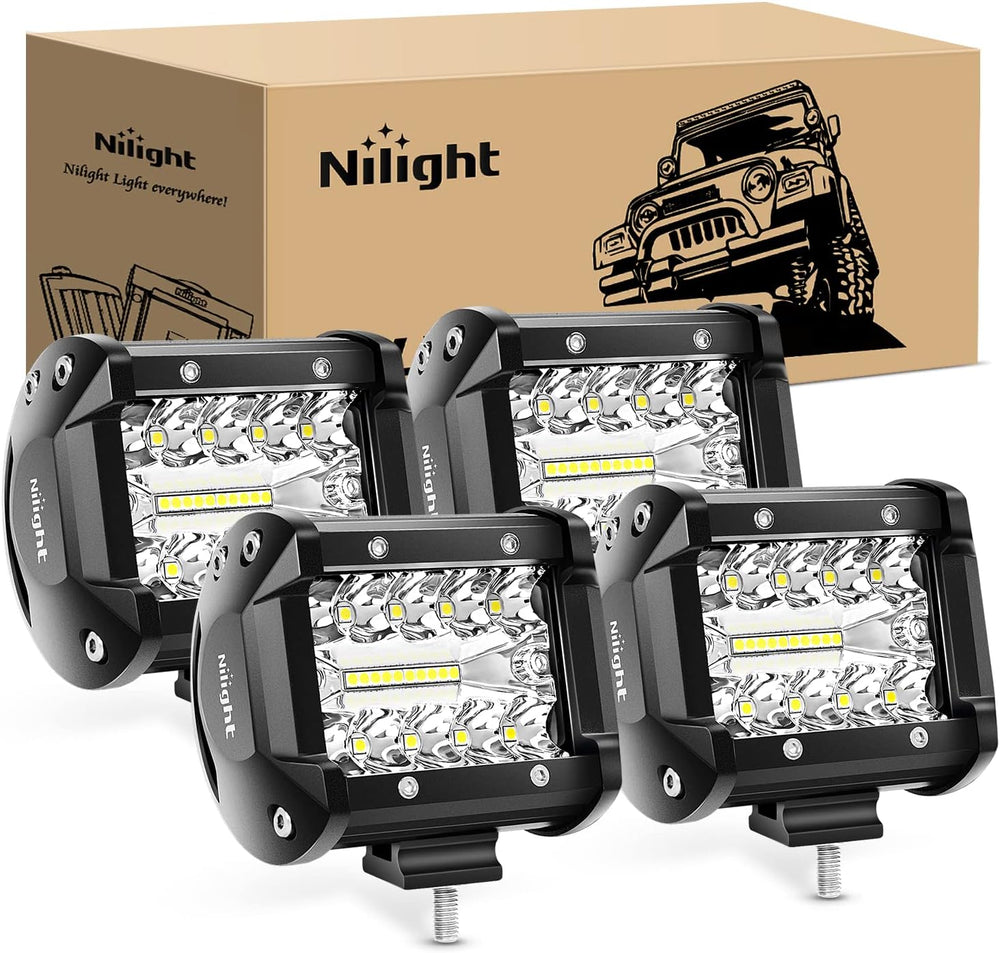 Nilight 4Pcs LED Pods 4Inch 60W Triple Row Flood Spot Combo 6000LM Light Bar ...