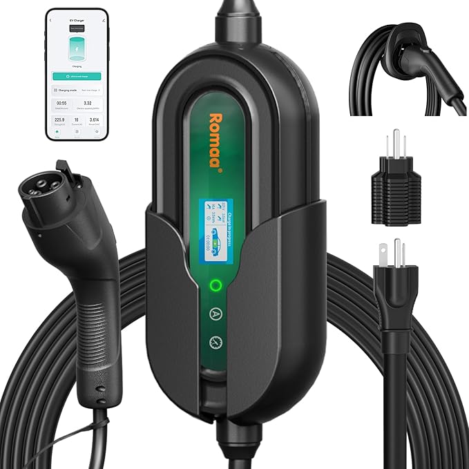 Level 1&2 Portable EV Charger, Adjustable 8-16A 110V-240V, Dual Plugs: NEMA