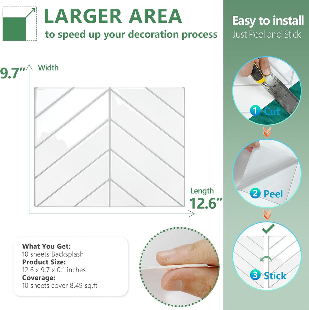 STICKGOO Herringbone Peel and Stick Backsplash, White/Grey Grout, 10 Sheets