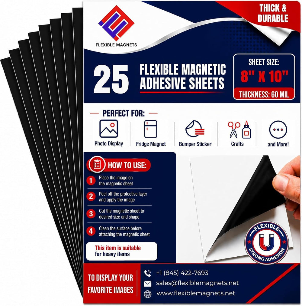 Flexible Magnet Sheet with Adhesive Backing, 60 Mil, 8" x 10", 25 Pack