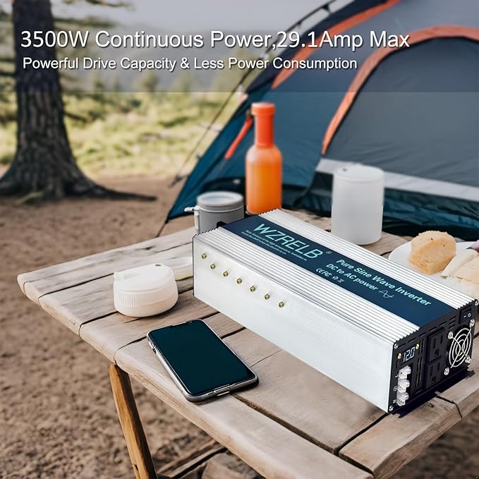 WZRELB 4000W Pure Sine Wave Inverter, Car Power Inverter 12V DC to 110V 120V AC