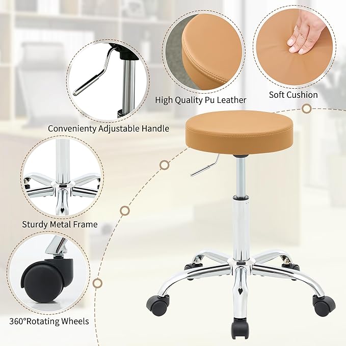 Rolling Massage Chair, Adjustable Hair Cutting Stool 19.5’’-26.6’’, Camel Brown