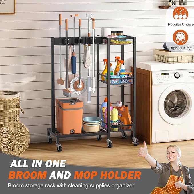 Broom Holder with Cleaning Supplies Organizer, Broom Closet Storage Cabinet