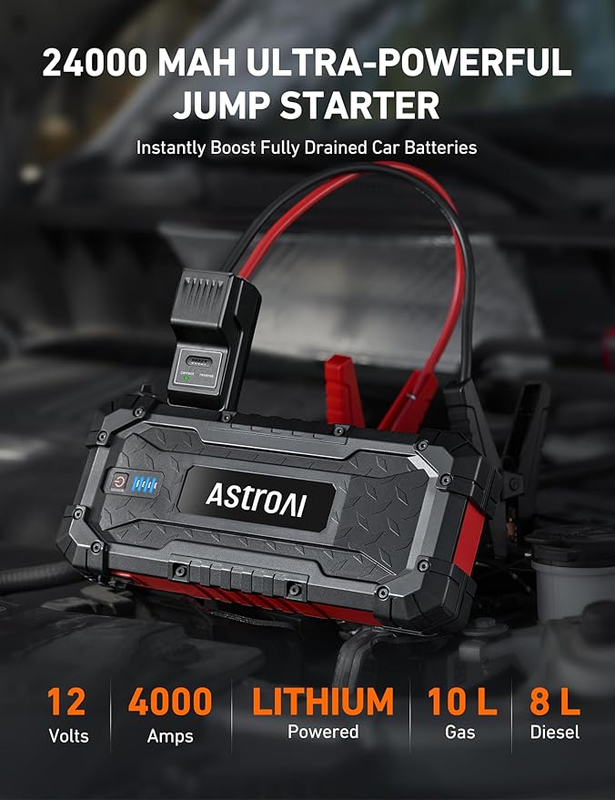 AstroAI S8 Ultra 4000A Peak Jump Starter, Up to All Gas/12L Diesel Engine