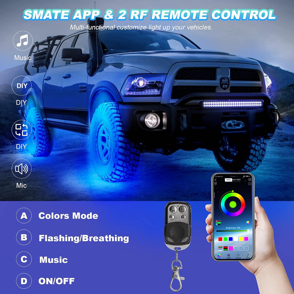 RGB LED Rock Lights Kit, 8 Pods Rock Light for Jeeps Truck Golf Cart ATV UTV ...