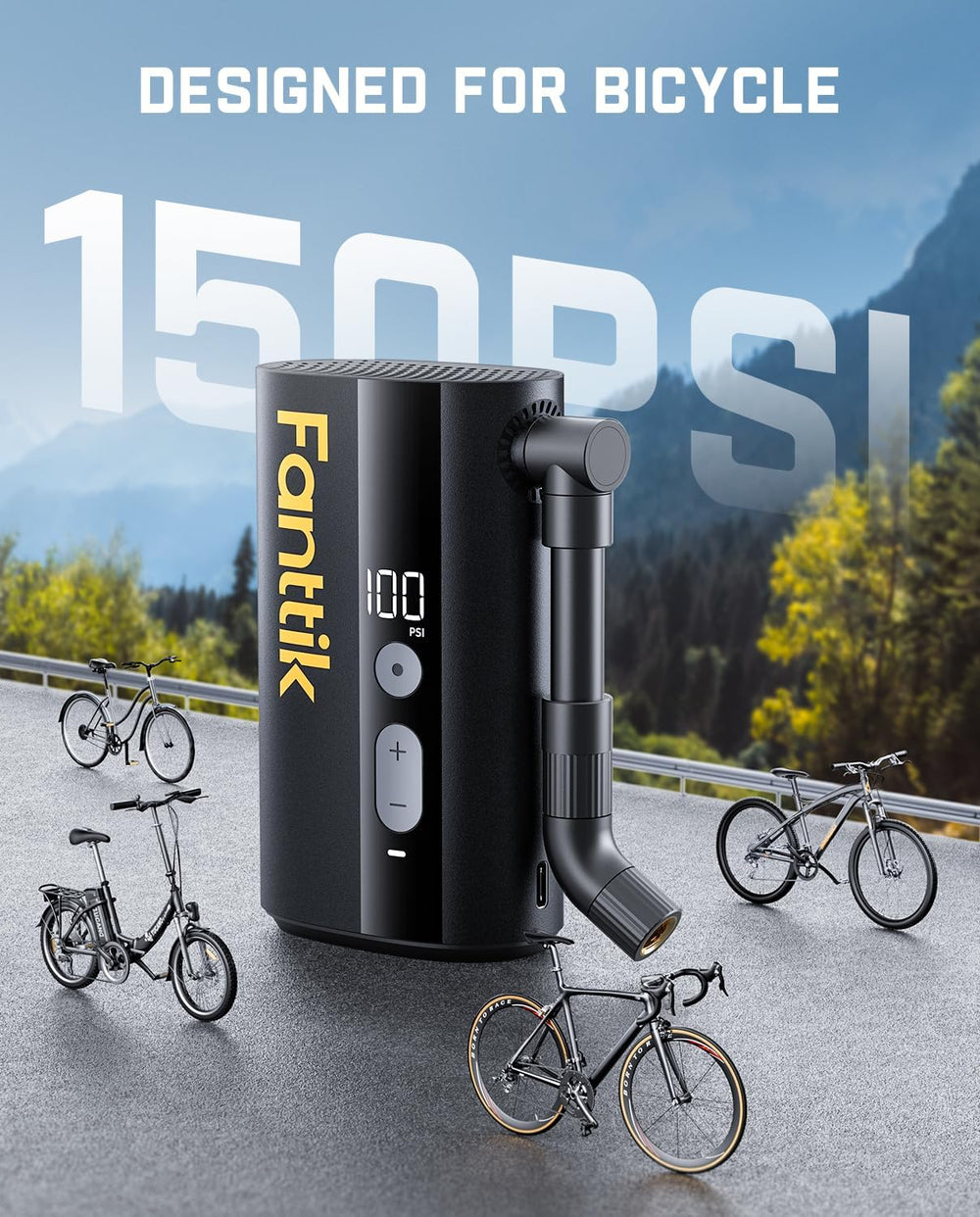 Fanttik X9 Ace Mini Electric Bike Pump, 150PSI, 32s Inflate, Auto Stop