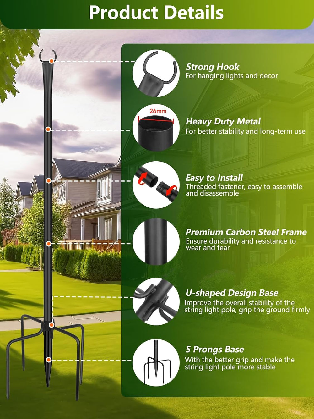 String Light Poles for Outside, 4 Pack 10 ft Adjustable Light Poles