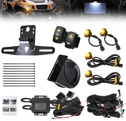 KEMIMOTO UTV Turn Signal Kit with 110D Horn and License Plate Holder with Light, Plug and Play UTV ATV Blinker with Rocker Switch Compatible with Polaris, Can-Am, Kawasaki (with License Plate Holder)