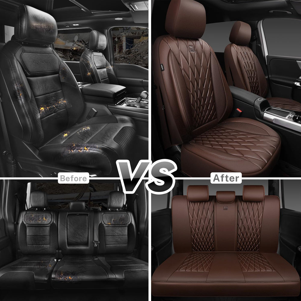 CAR PASS Piping Luxury Faux Leather Seat Covers Full Set, 5 Seats Anti-Slip W...