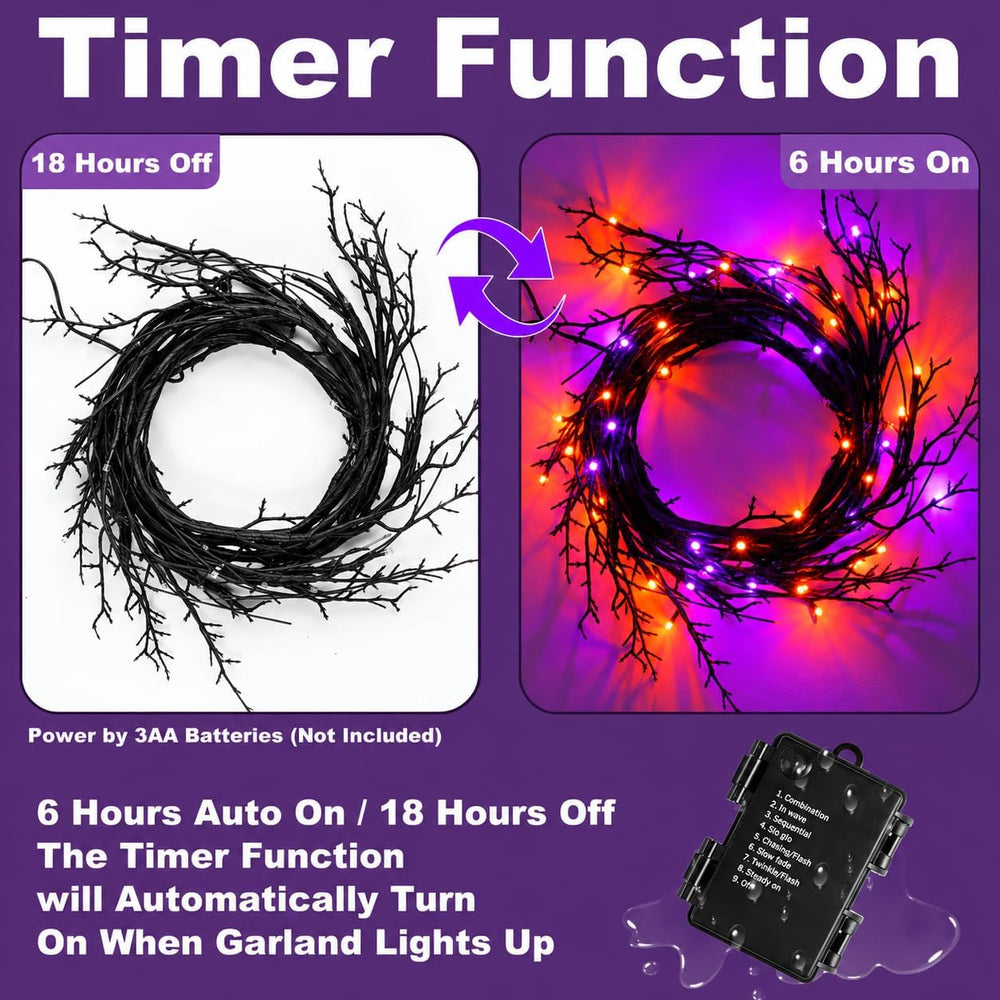 Timer & 8 Modes 9 FT 72 LED Willow Vine Twig Decor Garland with Orange &a...