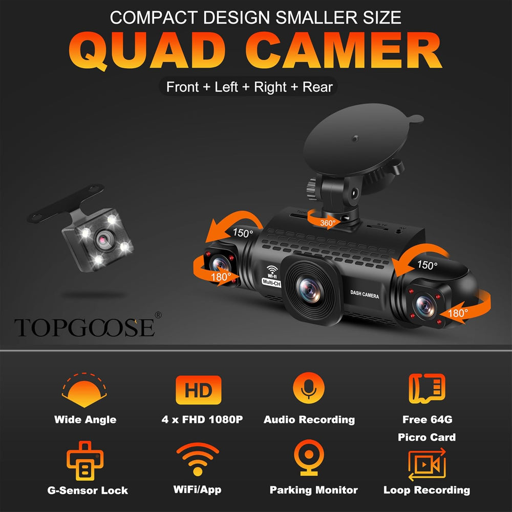 4 Channel Dash Cam 360° View,TOPGOOSE 2K Front and Rear Inside, Left Right Da...