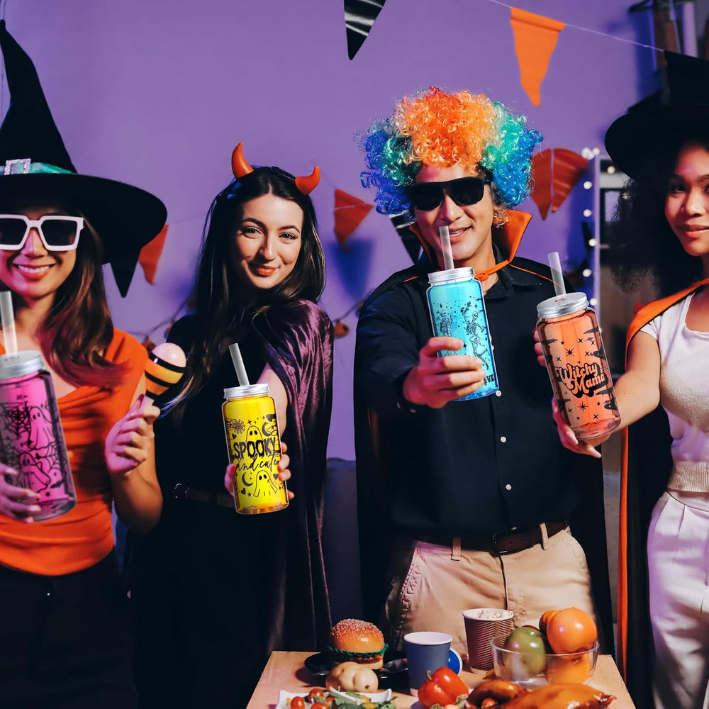 Meanplan 24 Pcs Halloween Ghost Plastic Cup with Lids and Straws Bulk 14 oz