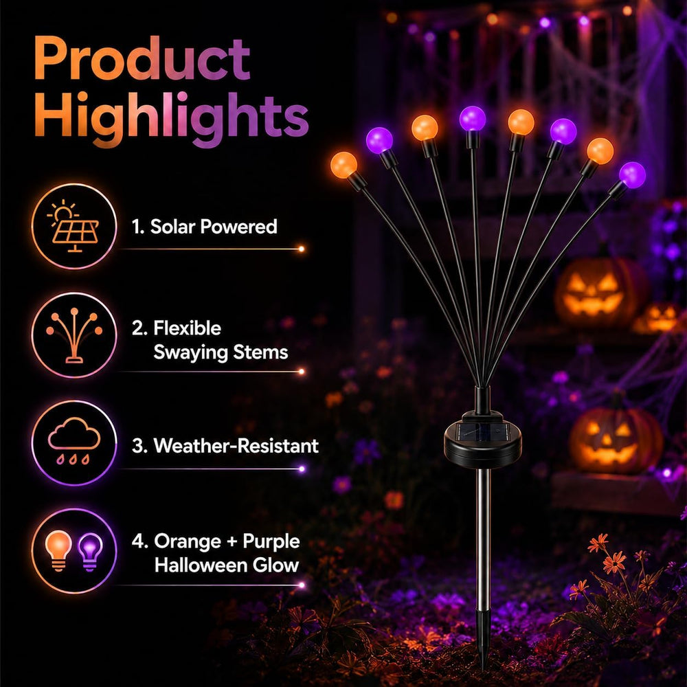 Solar Firefly Lights Outdoor, 4 Pack Orange Purple Halloween Yard Decor