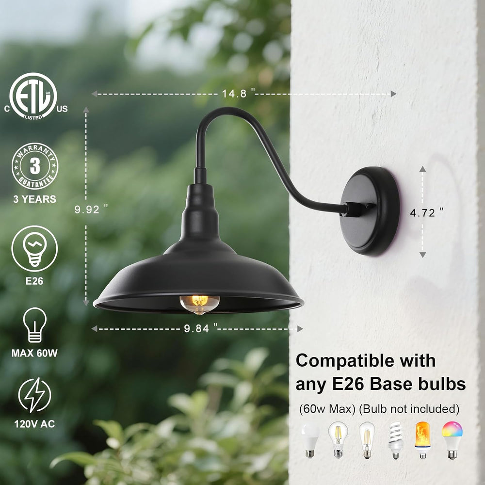 Black Gooseneck Barn Light for Farmhouse 10 Inch Dome Exterior Lights Fixture...