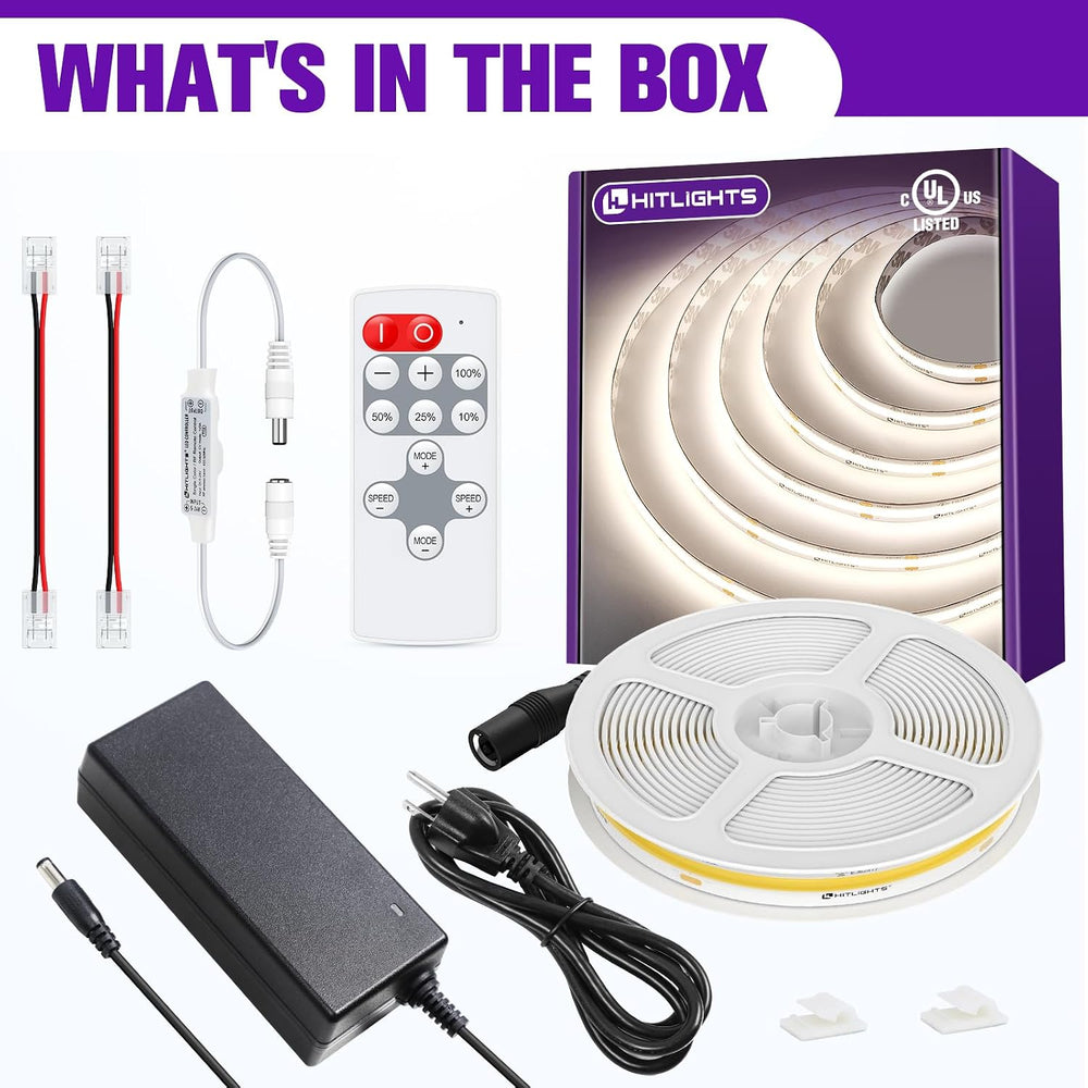 HitLights COB LED Strip Lights Kit White 4000K with Remote, 16.4ft 24V Tape