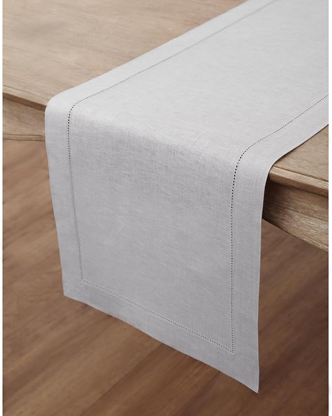 Solino Home Linen Soft Grey Table Runner 60 Inches - Classic Hemstitch, 100% ...