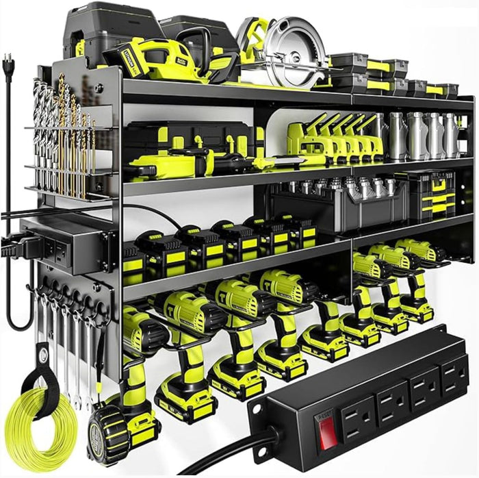 Large Power Tool Organizer Wall Mount with Charging Station, 6-Shelf Heavy Duty Metal Tool Storage Rack, Cordless Drill Holder Slots, Screwdriver Racks & Hook Bar for Garage Workshop
