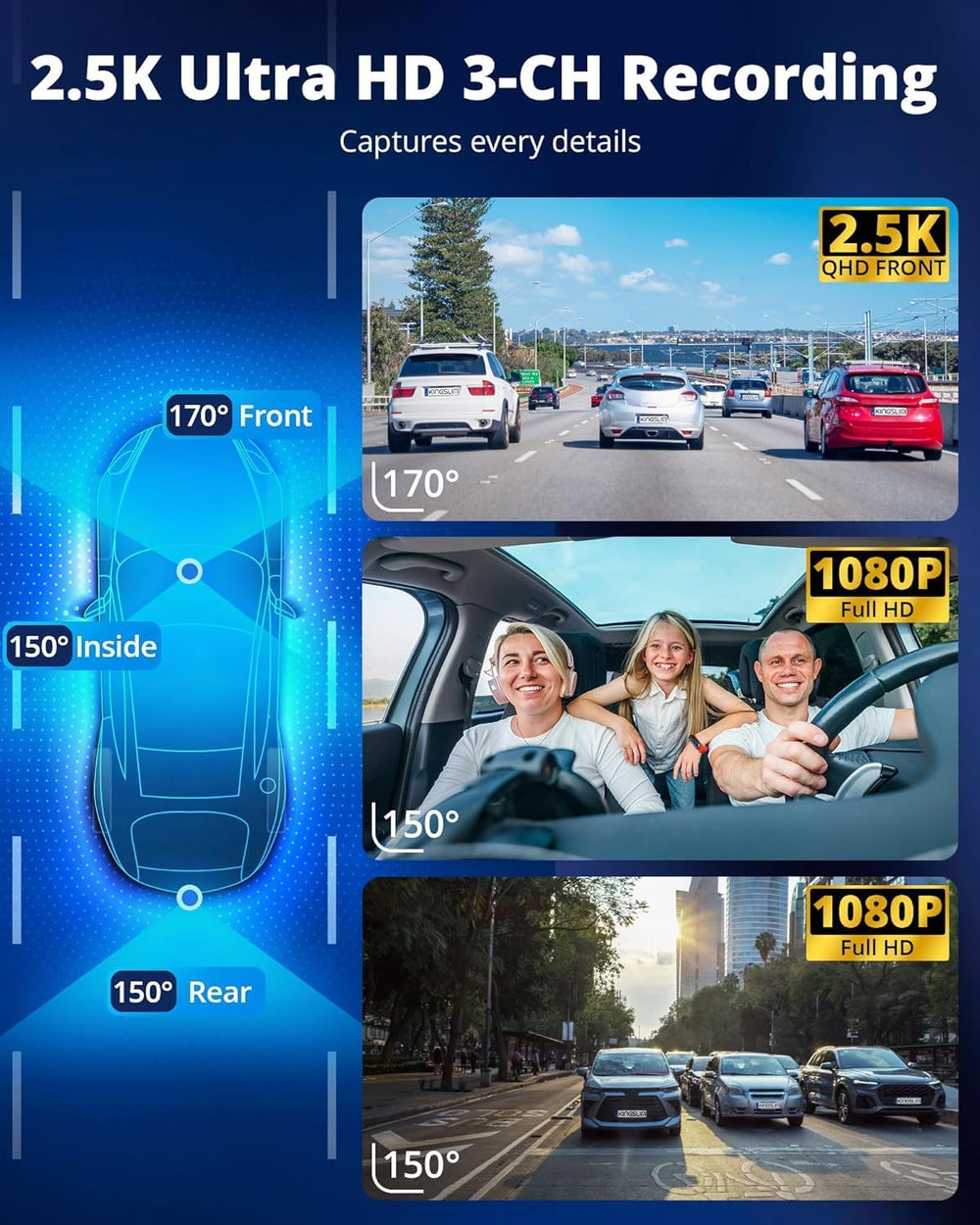 Kingslim 3 Channel 5G WiFi Dash Cam with 64GB Card, 2.5K/1080P Front and Rear...
