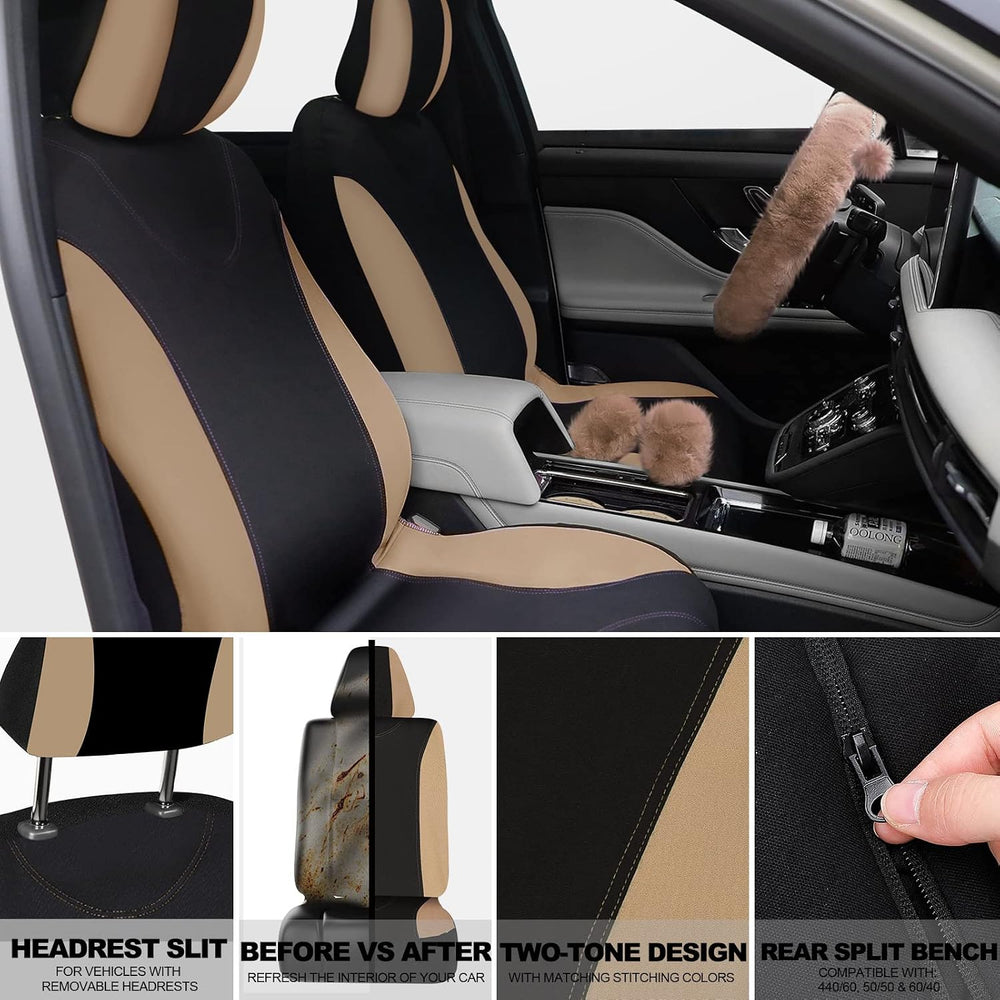17 Pcs Car Seat Cover Full Set for Women Fluffy Fuzzy, Beige Black