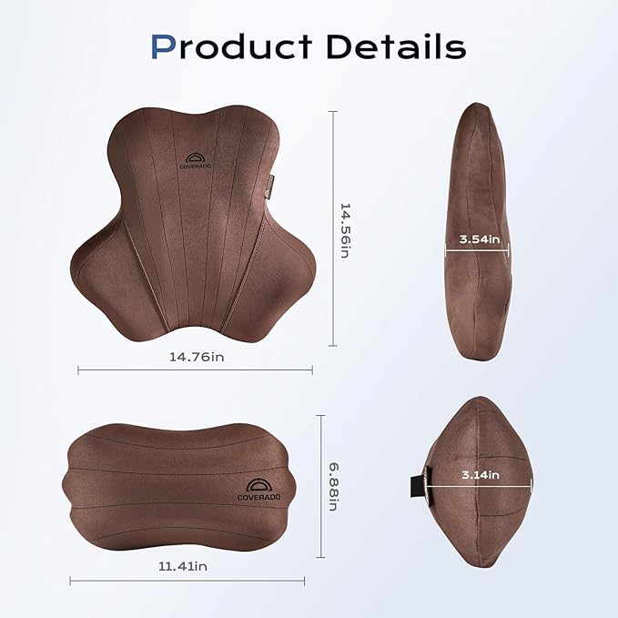 Coverado Car Lumbar Support Pillow and Car Neck Pillow Kit, Ergonomic Design