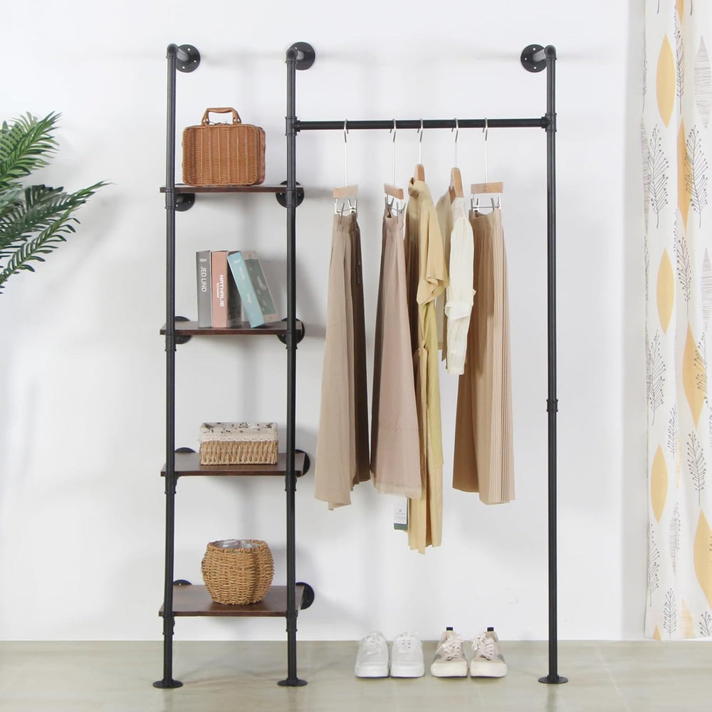 Industrial Pipe Clothing Rack with Shelves, 71inch Wall Mounted Closet Storag...