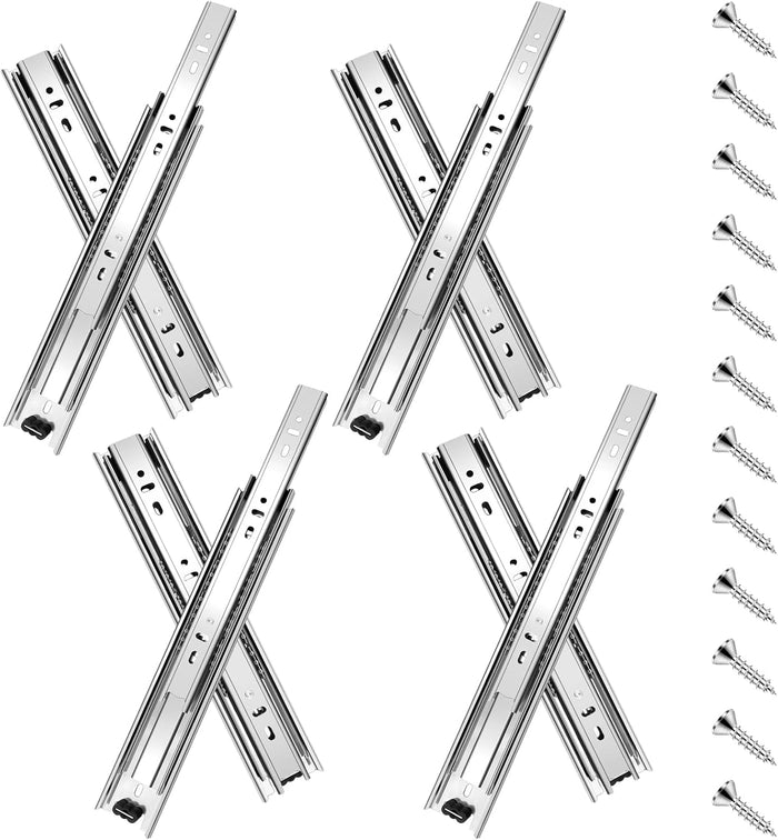 20 inch Drawer Slides 4 Pairs (8pcs) Full Extension Ball Bearing Drawer Rails Side Mount 3 fold Metal Dresser Runners for File Cabinet Trash Can Kitchen Wardrobe Glides 20" Silver 100 LB Capacity