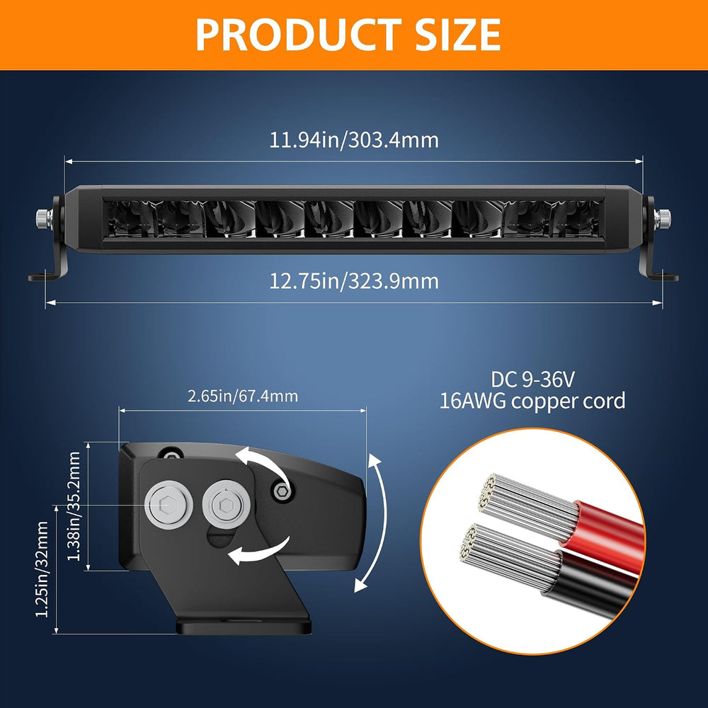 White Amber LED Light Bar 12 Inch Slim with Harness for Truck