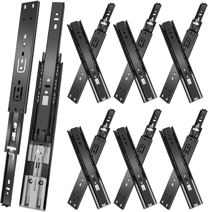 18 inch Drawer Slides 6 Pairs (12pcs) Soft Close 3 fold Full Extension Side Mount Cabinet Drawer Glides 18" Black Cabinet Rails for Dresser, Cabinet, Kitchen 100 LB Capacity