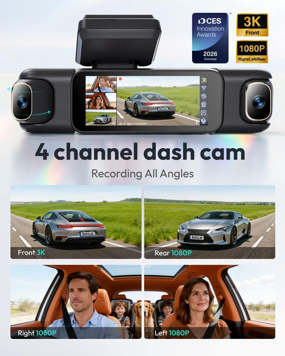 BOTSLAB 4 Channel 360° Dash Cam, 128GB Card, Voice Control, App Control
