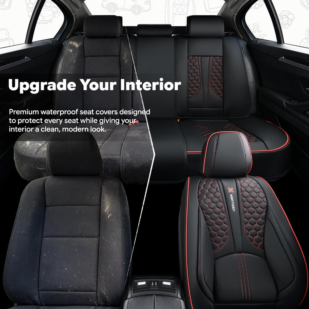 Black and Red Leather Car Seat Cover Set, with Lumbar Support