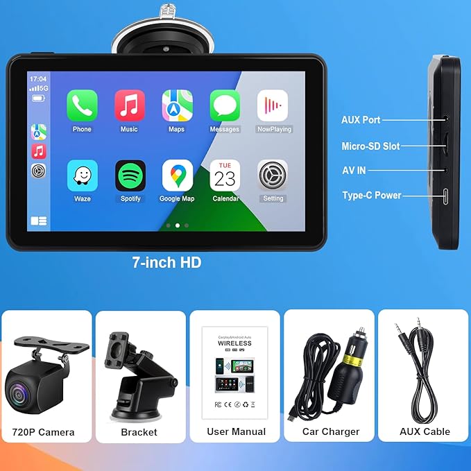 Compatible Wireless Apple CarPlay Android Auto Car Screen, 720P Back Camera 7″