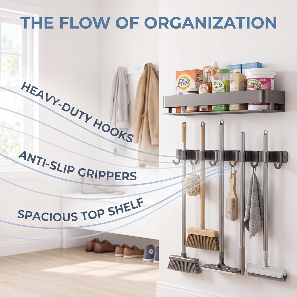 24 Inch Mop and Broom Holder Wall Mount, Broom Hanger Organizer with Hooks