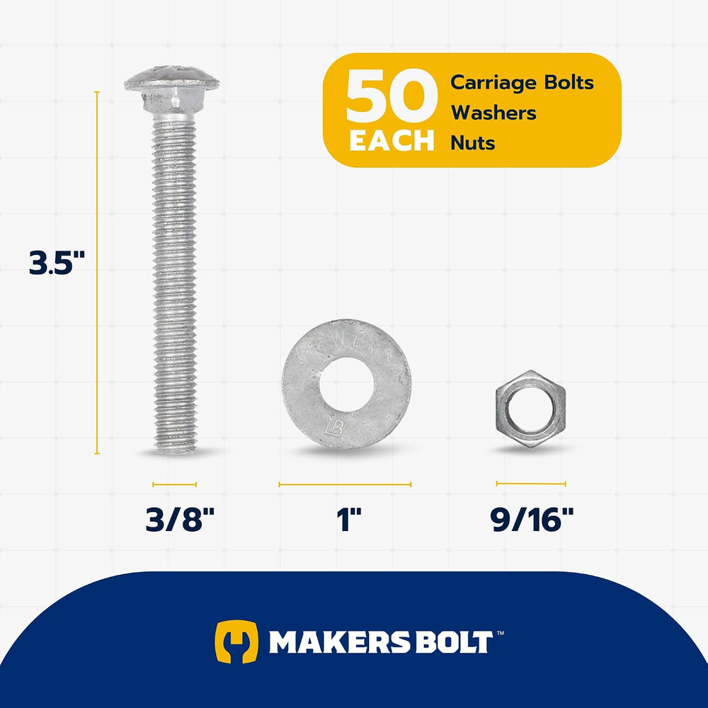 3/8" x 3-1/2" (50 Pack) Galvanized Carriage Bolt Kit, Grade 307A, H...