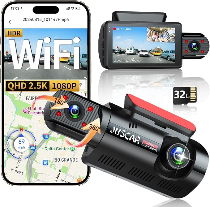 2.5K+1080P Dual Dash Cam Front and Inside, WiFi & GPS Dash Camera