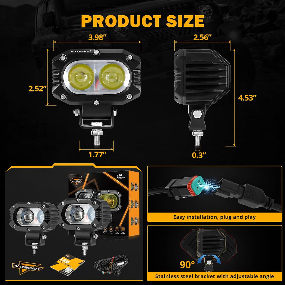 Auxbeam 4 Inch R4 Series LED Square Pod Light, 60W White Driving Spot Beam