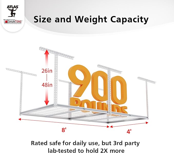 The Atlas 4 x 8 ft Adjustable Height Overhead Garage Storage Rack 900 lbs Heavy
