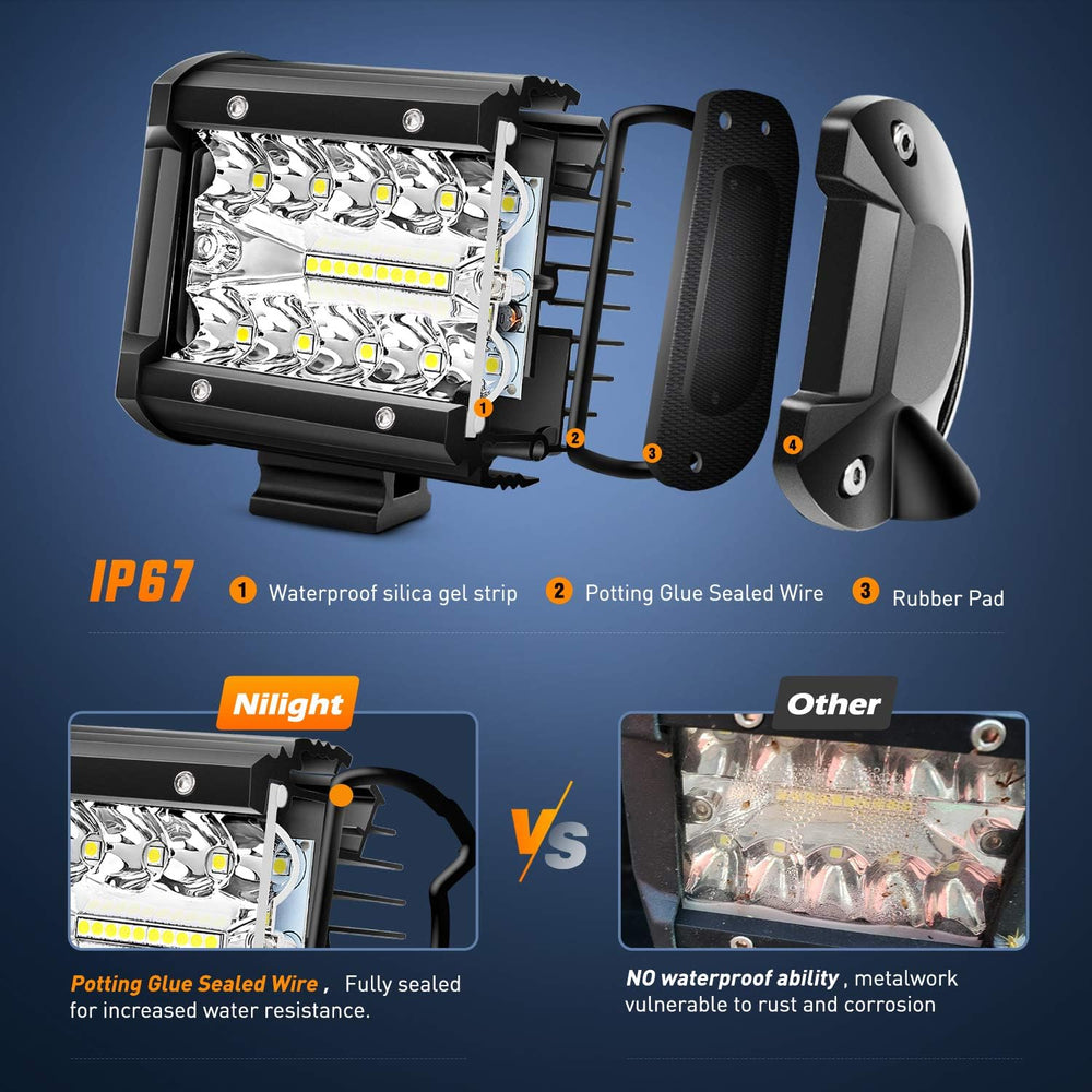 Nilight 4Pcs LED Pods 4Inch 60W Triple Row Flood Spot Combo 6000LM Light Bar ...