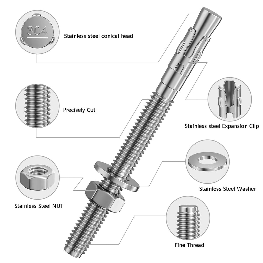 Wensilon 30Pcs 1/2x5 Inch Standard Fasteners for Heavy-Duty 304 Stainless Ste...