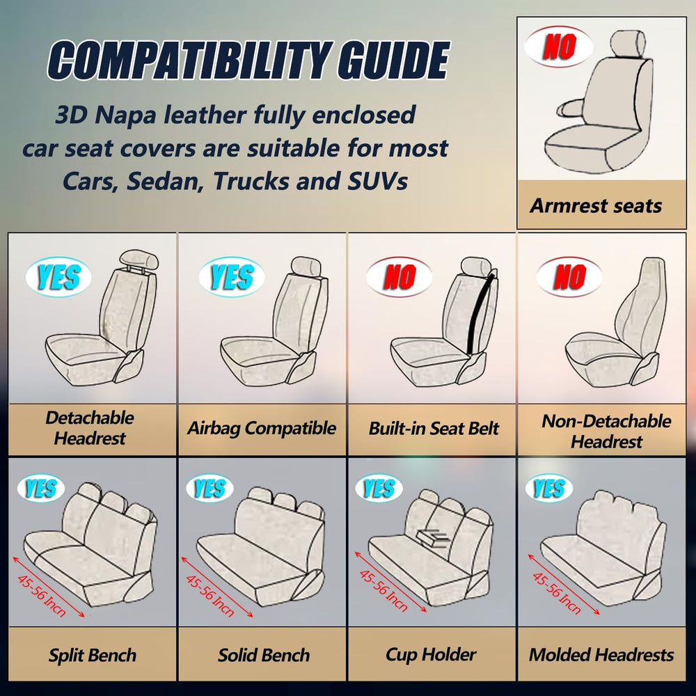 Car Seat Covers Full Set for 5 Seats - Nappa Leather 3D Foam Back Support, Su...
