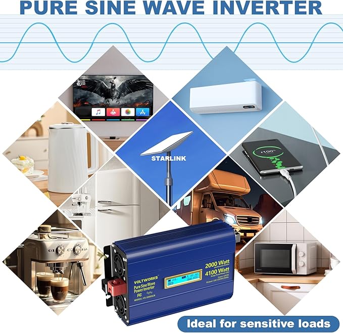 Power Inverter 2000Watt Pure Sine Wave Inverter 12V to 110V 120V AC 4100W Surge
