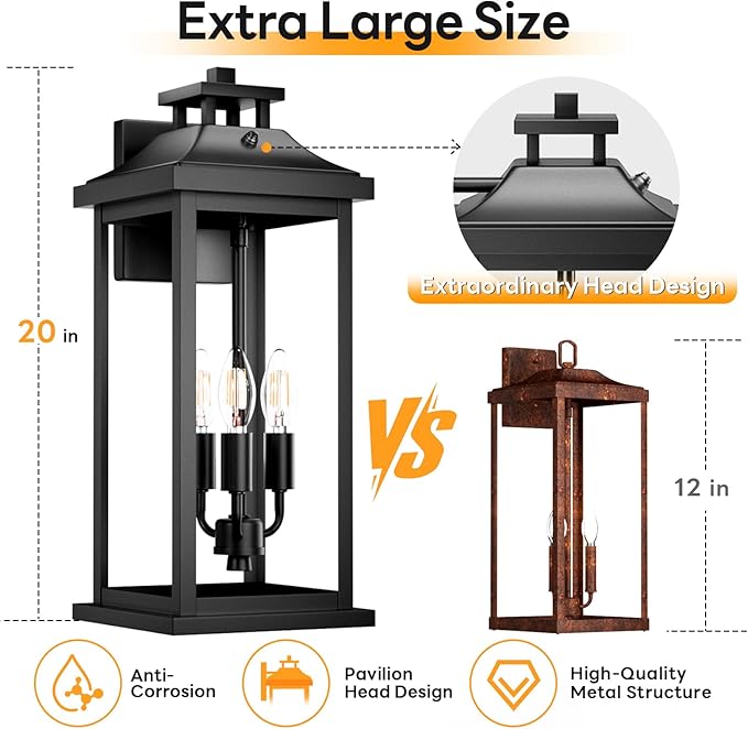 20" Large Dusk to Dawn Exterior Wall Light Fixture 3-Light, Waterproof M...