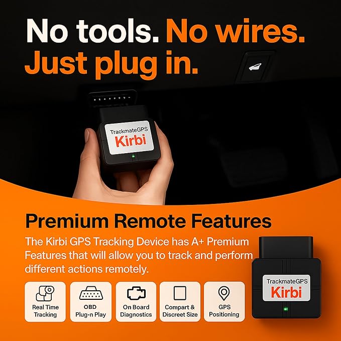 Kirbi OBD Tracker, GPS Tracker for Vehicles Real-Time Tracking, Worldwide